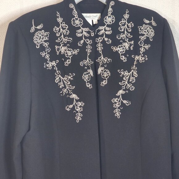 Coldwater Creek Black White Floral Embroider Sequin Open Front Poly Blazer Sz 16 - Picture 6 of 16